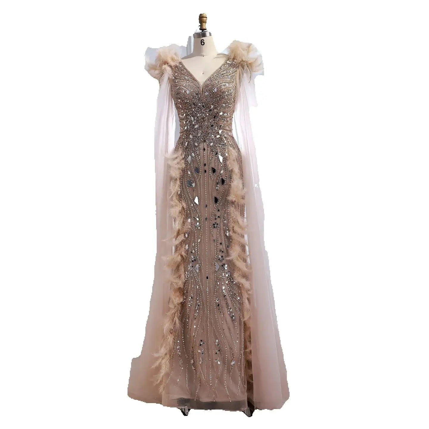 Luxury Caramel Feather Mirror Beaded Mermaid Evening Dress With Cape LA73328 - SERENE HILL