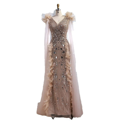 Luxury Caramel Feather Mirror Beaded Mermaid Evening Dress With Cape LA73328 - SERENE HILL
