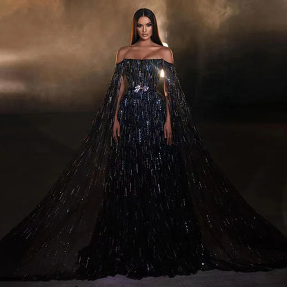 Luxury Black A Line Beaded Evening Dress with Cape Sleeves LA71824 - SERENE HILL