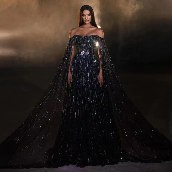 Luxury Black A Line Beaded Evening Dress with Cape Sleeves LA71824