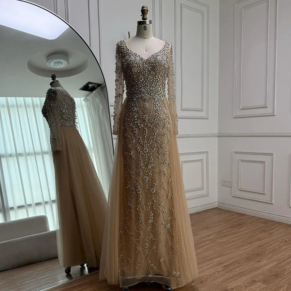 Luxury Nude Beaded Mermaid Evening Dress with Overskirt LA73042A - SERENE HILL