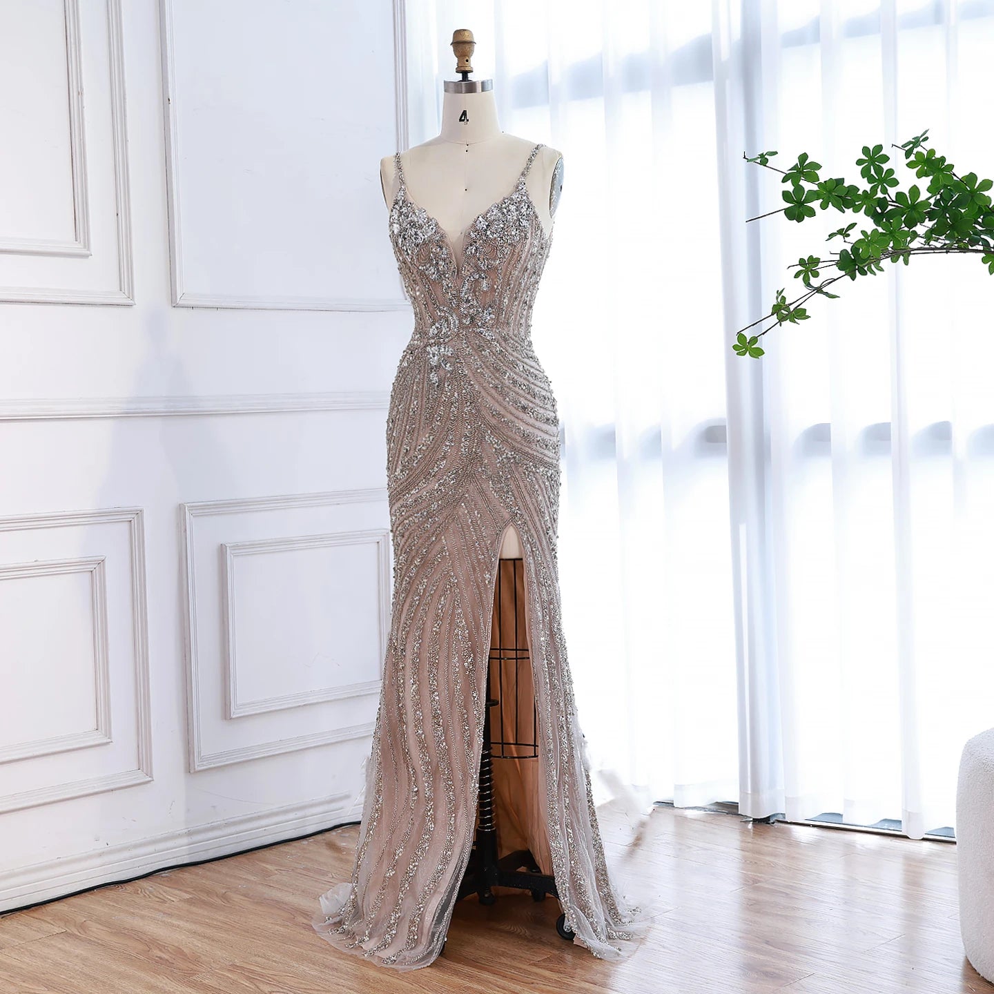 Luxury Nude Beaded High Slit Mermaid Evening Dress LA73340 - SERENE HILL