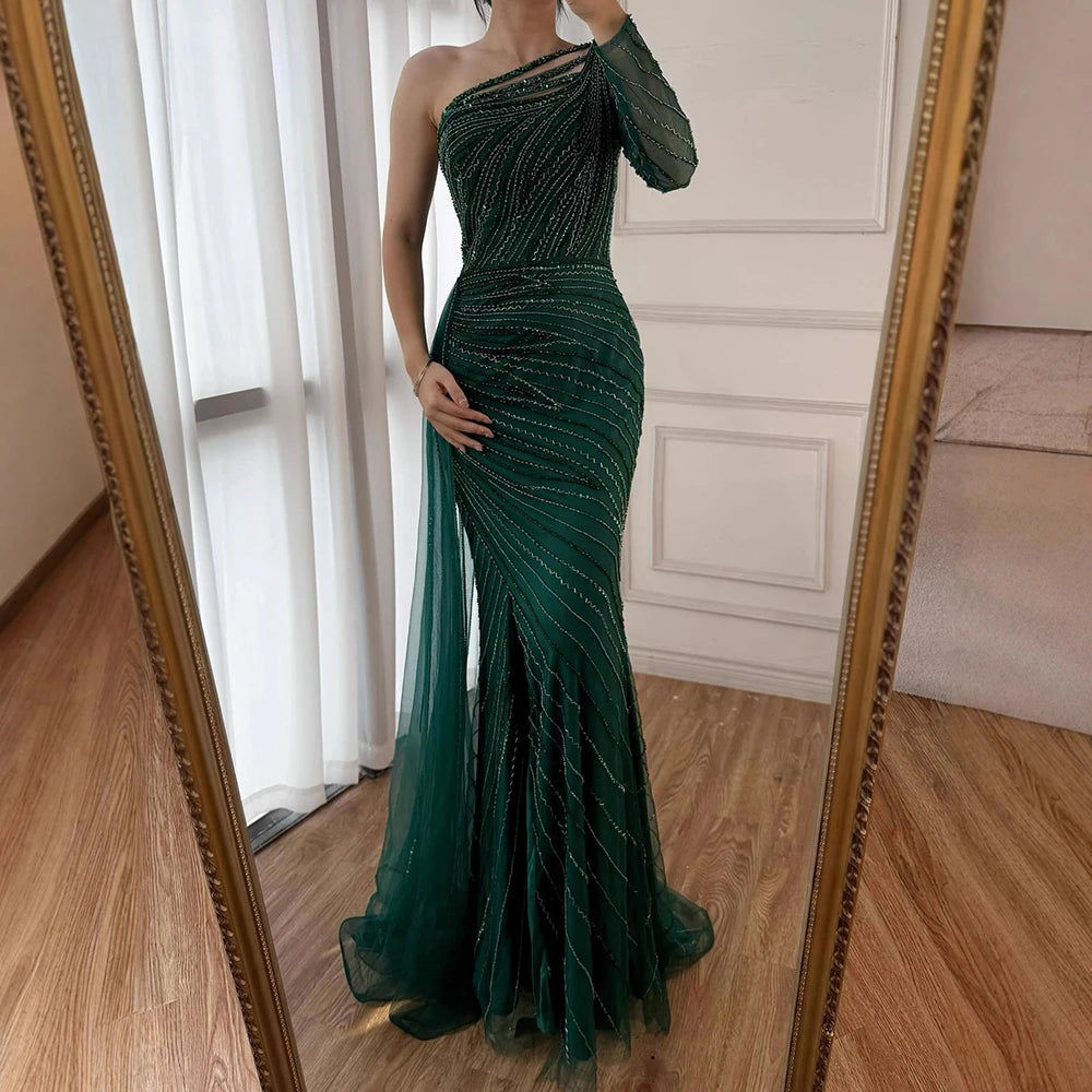 On Sale no return no refund Serene Hill Green One Shoulder Mermaid Split Open Evening Dresses Beaded Sexy Party Gowns 2025 For Women LA72046 - SERENE HILL
