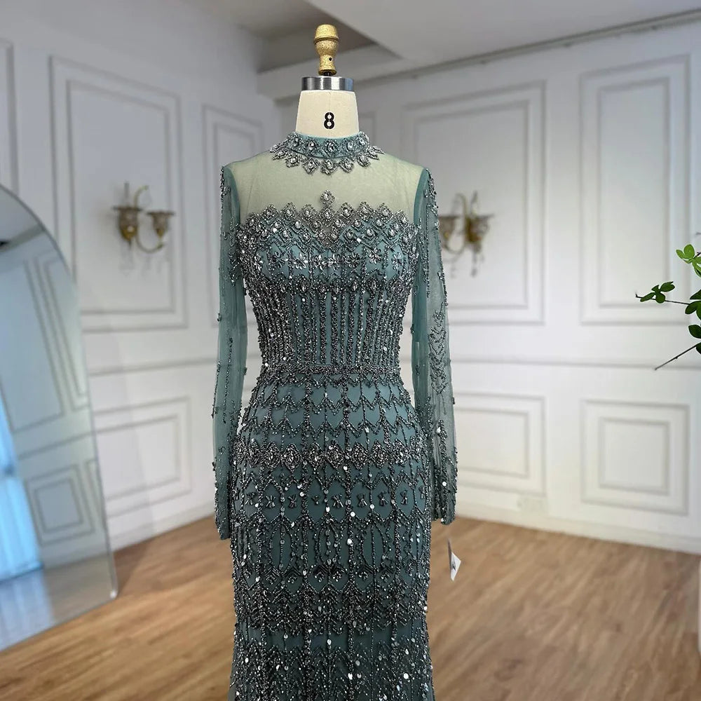 Luxury Arabic Turquoise Beaded Mermaid Evening Dress Long Sleeve LA72714C - SERENE HILL