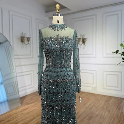 Luxury Arabic Turquoise Beaded Mermaid Evening Dress Long Sleeve LA72714C - SERENE HILL