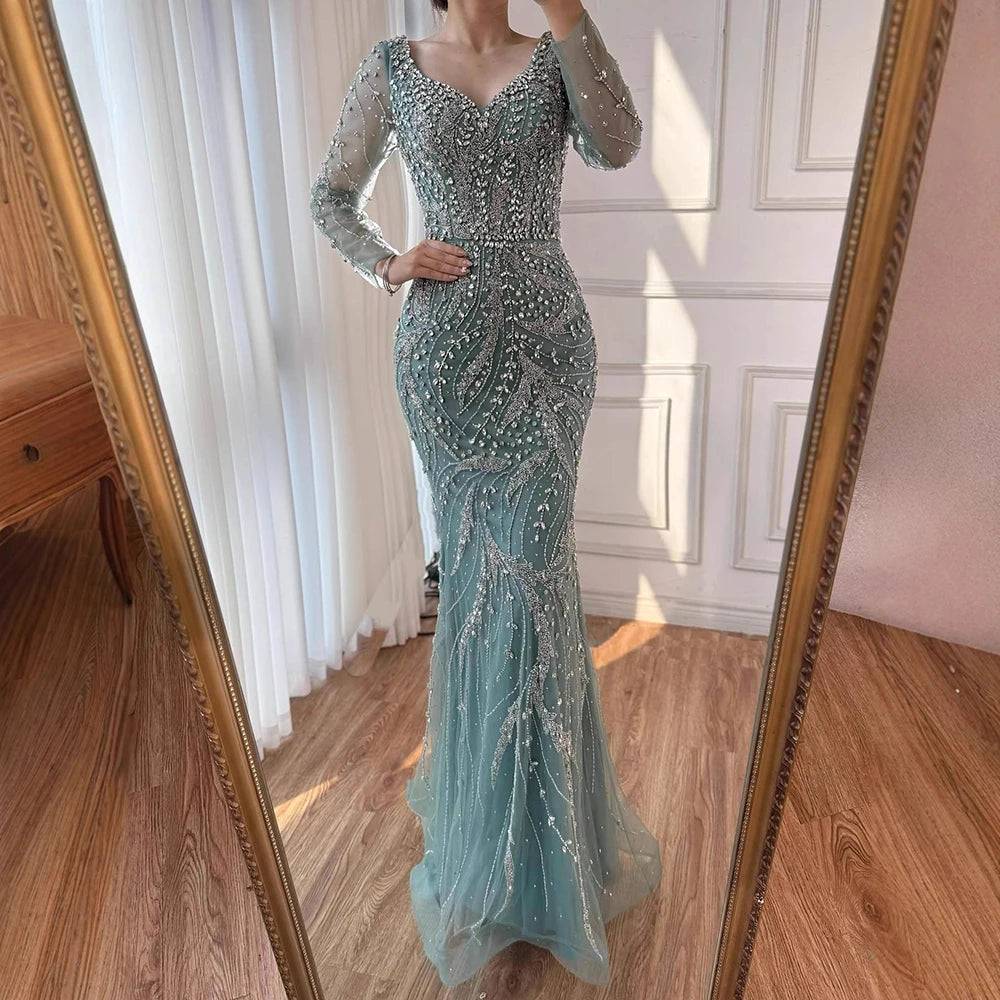 Luxury Muslim Nude Arabic Mermaid Beaded Evening Dress LA73191 - SERENE HILL