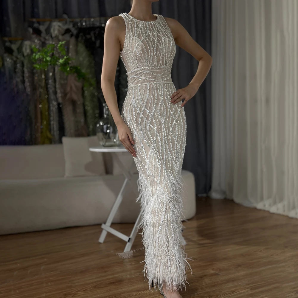 Elegant Arabic Black & White Feather Midi Evening Dresses LA72076 White / 16 Elegant Arabic Black & White Feather Midi Evening Dresses LA72076 White / 16
