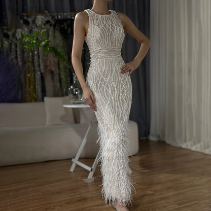 Elegant Arabic Black &amp; White Feather Midi Evening Dresses LA72076 - SERENE HILL