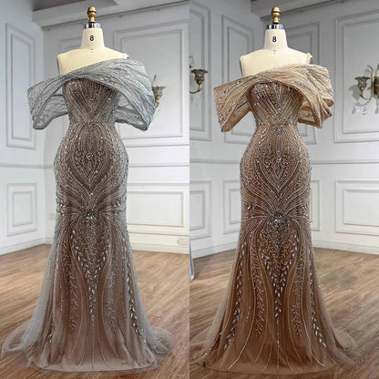 Luxury Silver Nude Off Shoulder Mermaid Evening Dress LA72878 - SERENE HILL