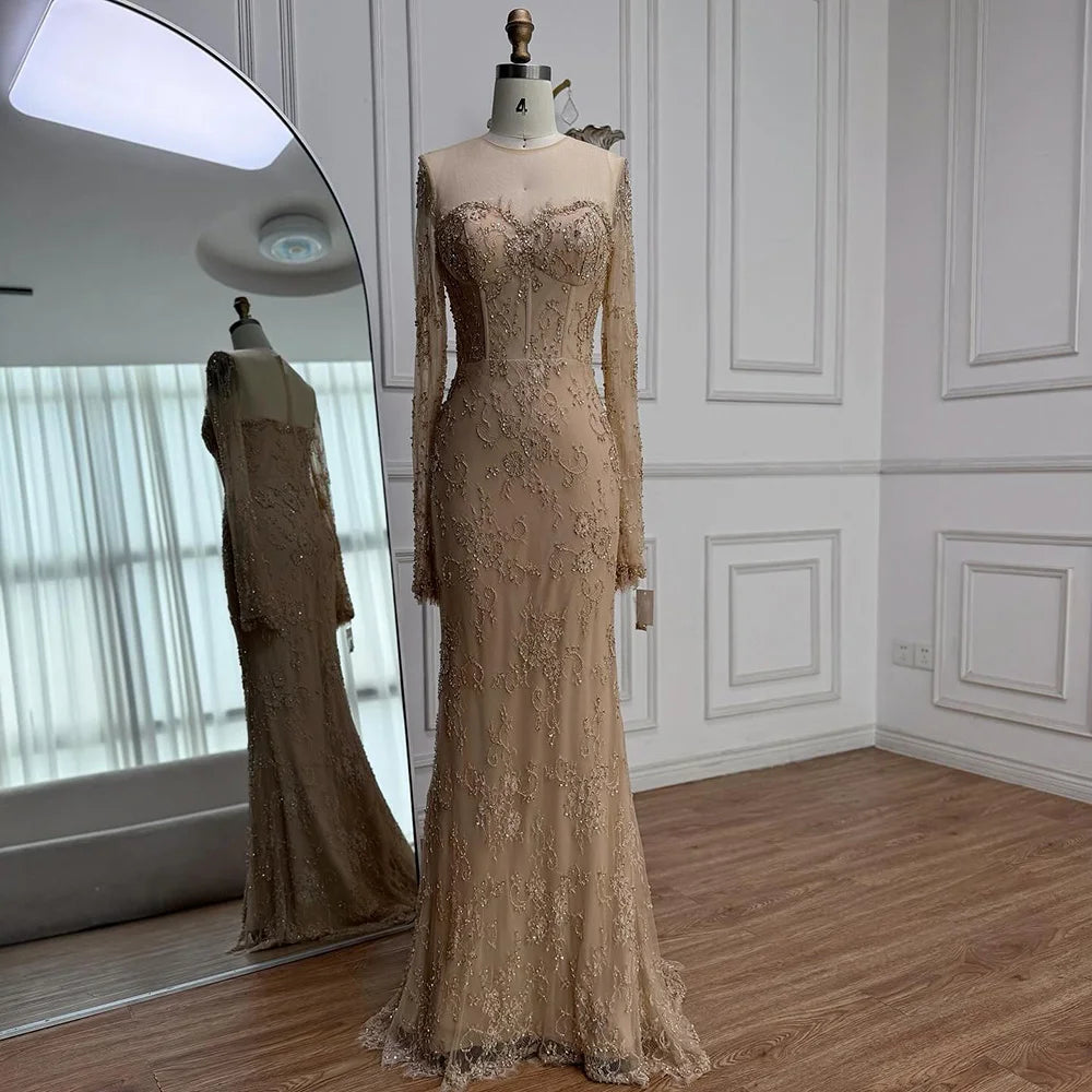 Luxury Arabic Lace Beaded Mermaid Evening Dress with Sleeves LA72545 - SERENE HILL