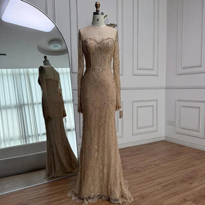Luxury Arabic Lace Beaded Mermaid Evening Dress with Sleeves LA72545 - SERENE HILL