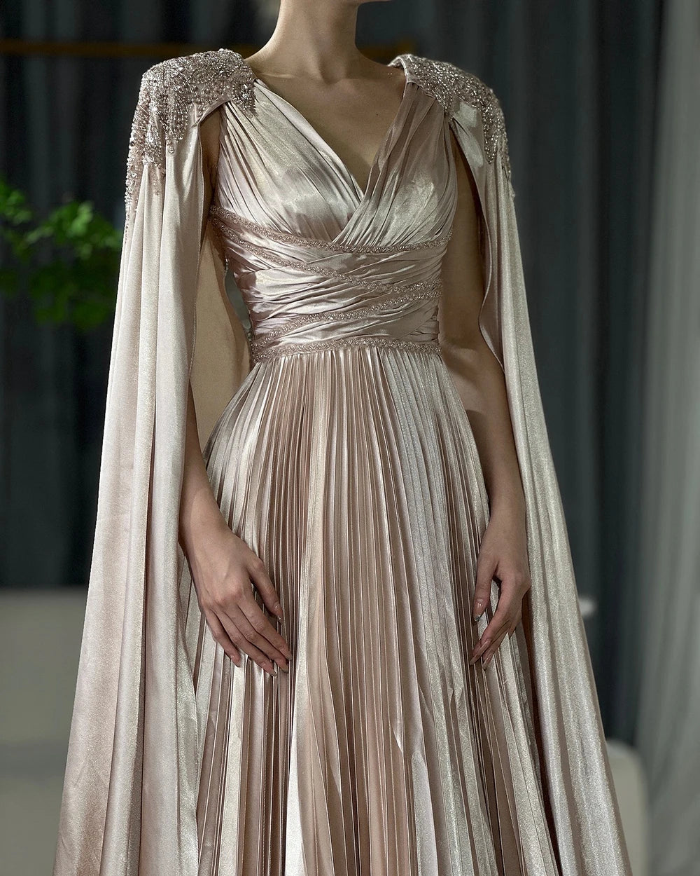 Rose Gold Beaded Satin A-Line Evening Dress with Cape Sleeves LA72663 Rose Gold / 8 Rose Gold Beaded Satin A-Line Evening Dress with Cape Sleeves LA72663 Rose Gold / 8