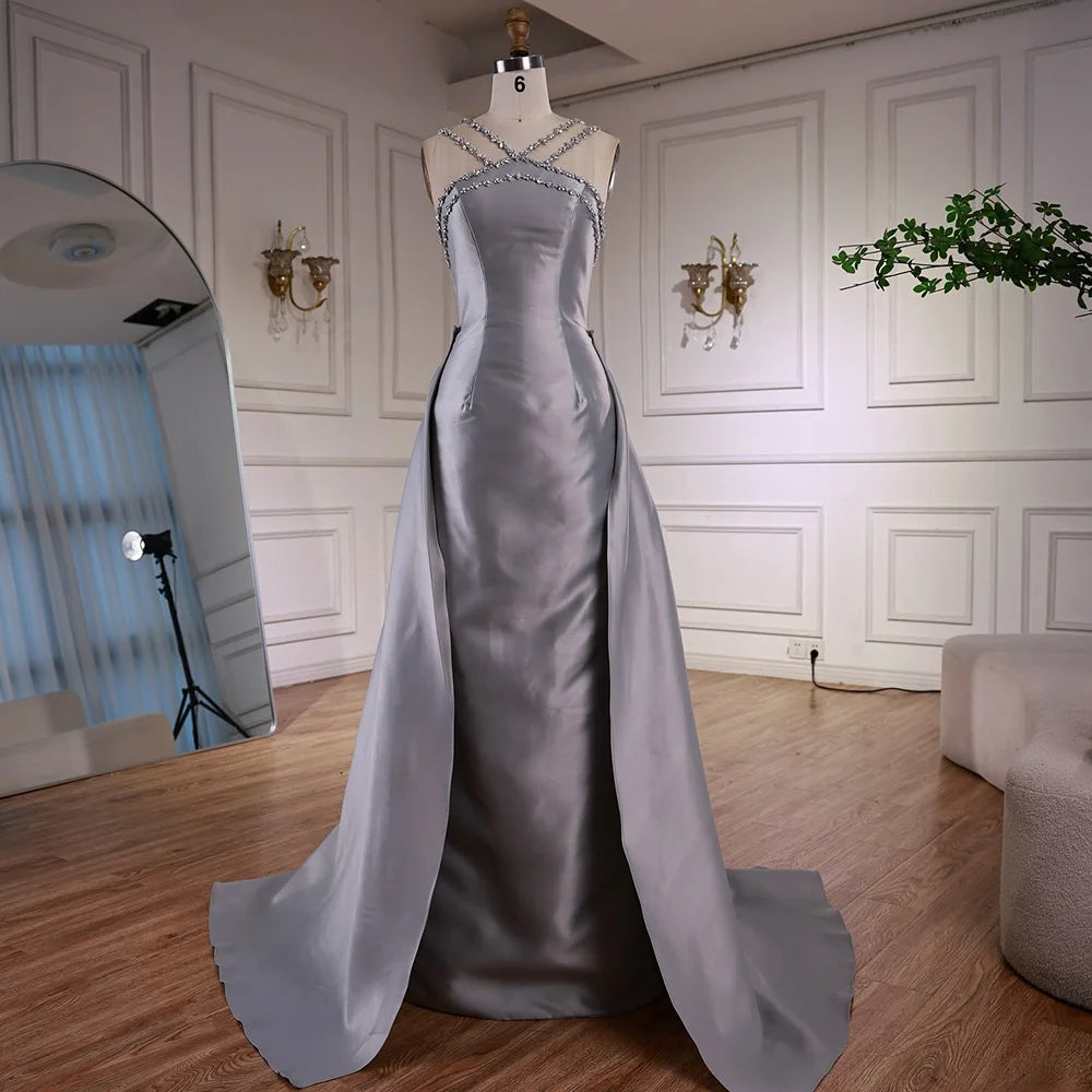 Elegant Light Blue Satin Evening Dress with Overskirt LA72524 - SERENE HILL