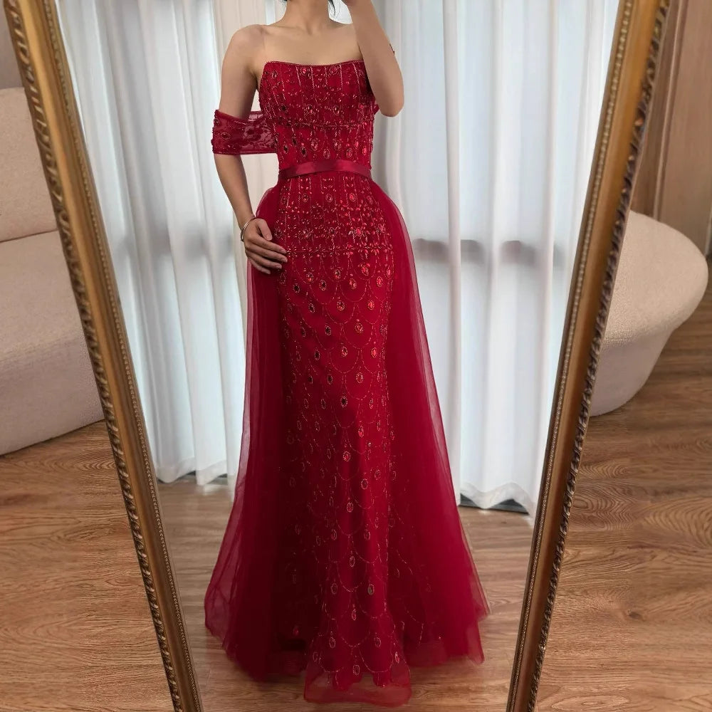 Luxury Caramel Beaded Mermaid Evening Dress with Overskirt LA71922 - SERENE HILL