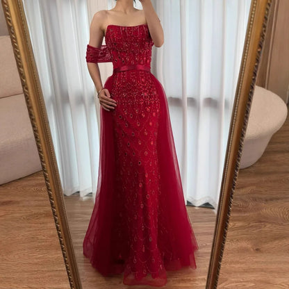 Luxury Caramel Beaded Mermaid Evening Dress with Overskirt LA71922 - SERENE HILL