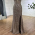 Luxury Silver Nude Beaded Evening Dress with Spaghetti Straps and High Slit LA72047C - SERENE HILL