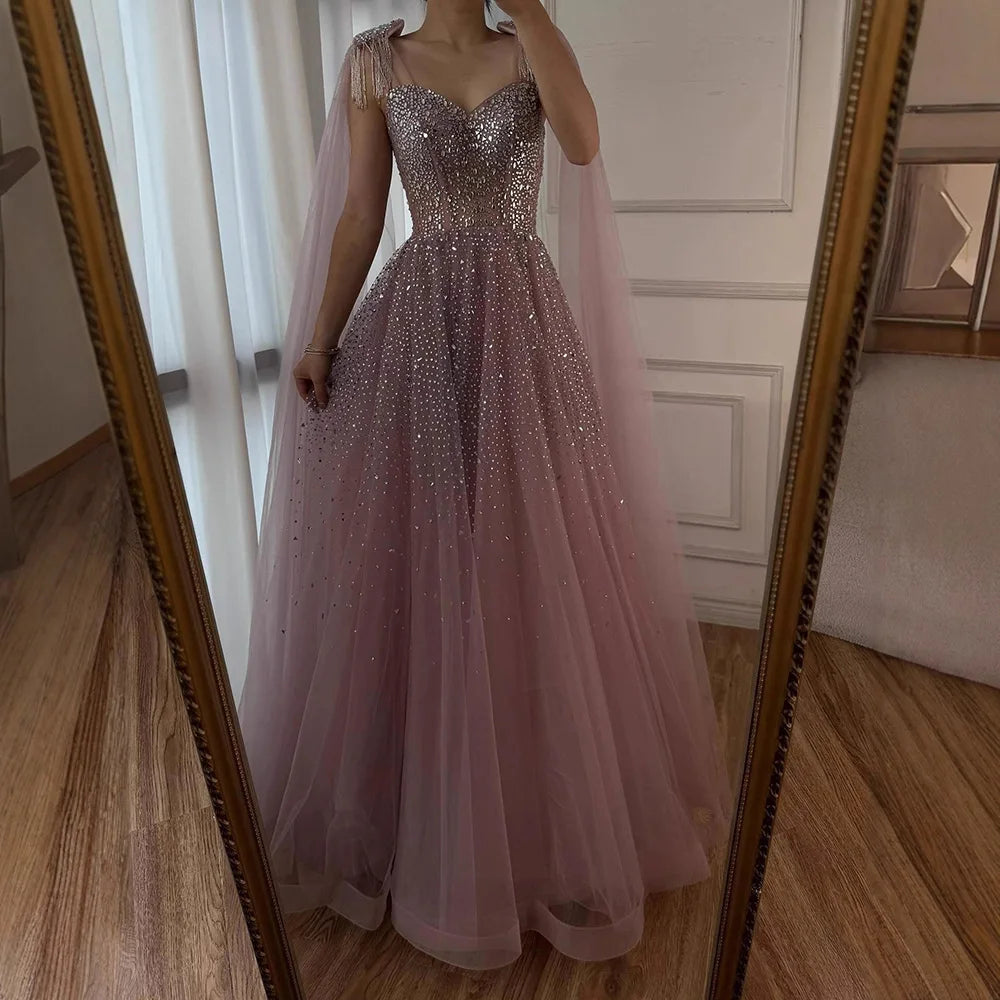 Luxury Pink Tulle Beaded A-Line Evening Dress with Cape Sleeves LA73072 - SERENE HILL