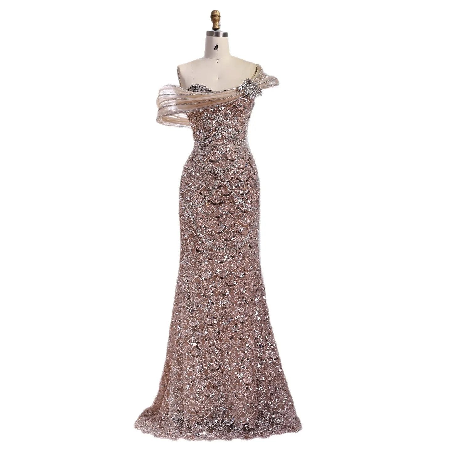 Luxury Nude Beaded Off Shoulder Mermaid Evening Dress LA73365A - SERENE HILL