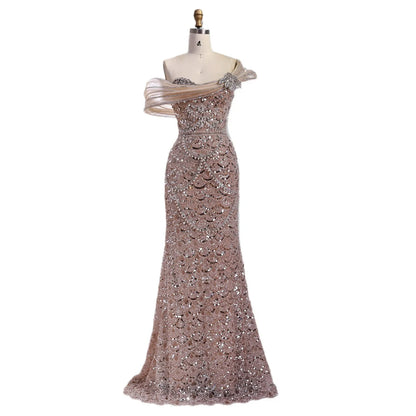 Luxury Nude Beaded Off Shoulder Mermaid Evening Dress LA73365A - SERENE HILL