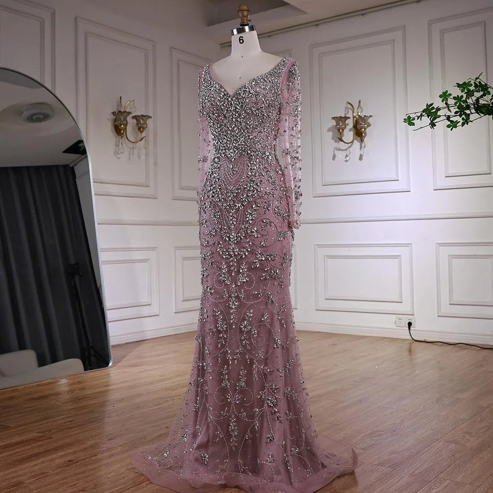 Luxury Nude Beaded Crystal Evening Dress with Long Sleeves LA73042 - SERENE HILL