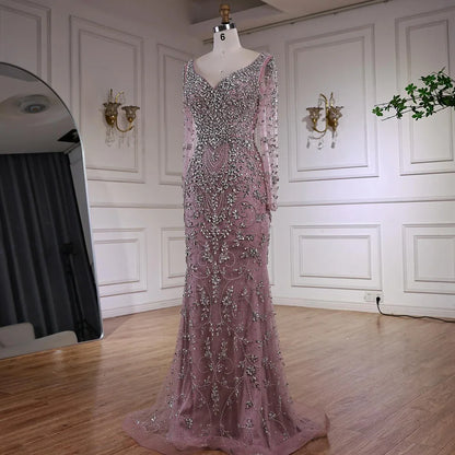 Luxury Nude Beaded Crystal Evening Dress with Long Sleeves LA73042 - SERENE HILL