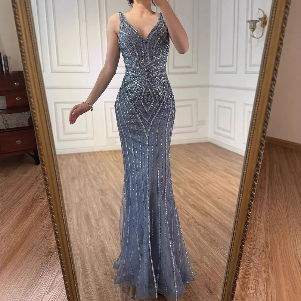 V Neck Beaded Sleeveless Mermaid Evening Dress LA73013 - SERENE HILL