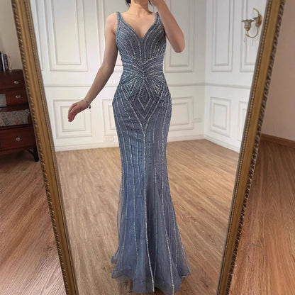 V Neck Beaded Sleeveless Mermaid Evening Dress LA73013 - SERENE HILL
