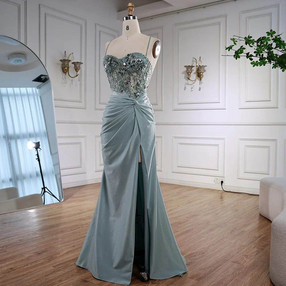 Classy Light Green Satin Prom Dress with Lace and Slit LA73032A - SERENE HILL