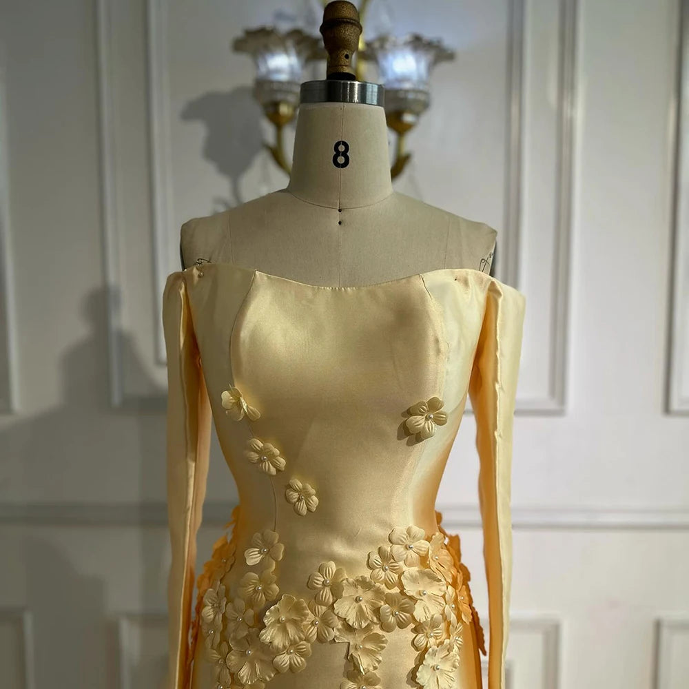 Luxury Dubai Arabia Yellow A-Line Satin Appliques Evening Dresses Gowns for Formal Occasion LA72833 - SERENE HILL
