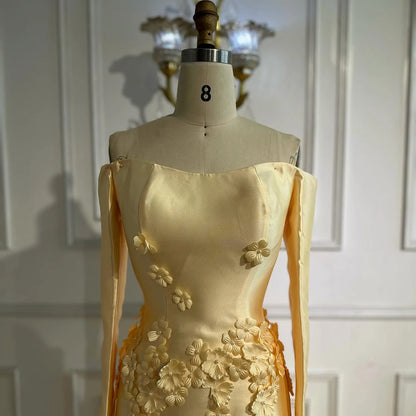 Luxury Dubai Arabia Yellow A-Line Satin Appliques Evening Dresses Gowns for Formal Occasion LA72833 - SERENE HILL