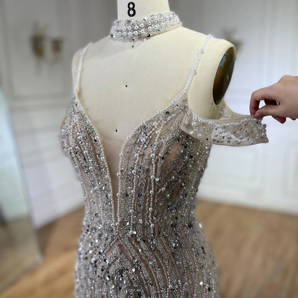 Luxury Silver Nude Beaded Evening Dress with Spaghetti Straps and High Slit LA72047C - SERENE HILL