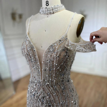 Luxury Silver Nude Beaded Evening Dress with Spaghetti Straps and High Slit LA72047C - SERENE HILL