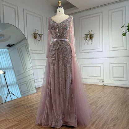 Luxury Nude Beaded Evening Dress with Detachable Overskirt LA73156 - SERENE HILL
