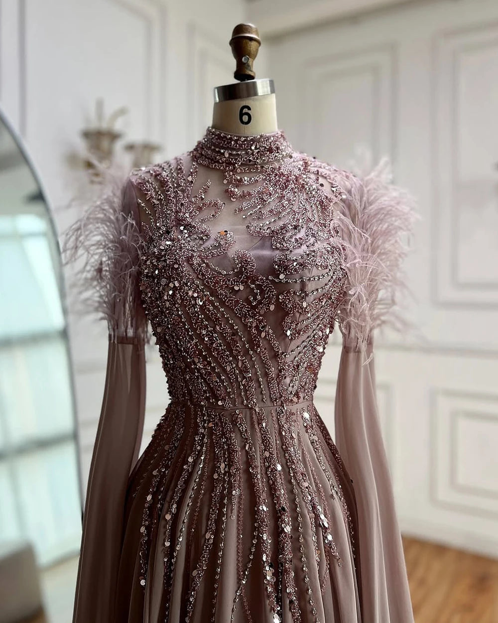 Luxury Pink Feather Beaded Evening Dress with Long Cape Sleeves LA72982 - SERENE HILL