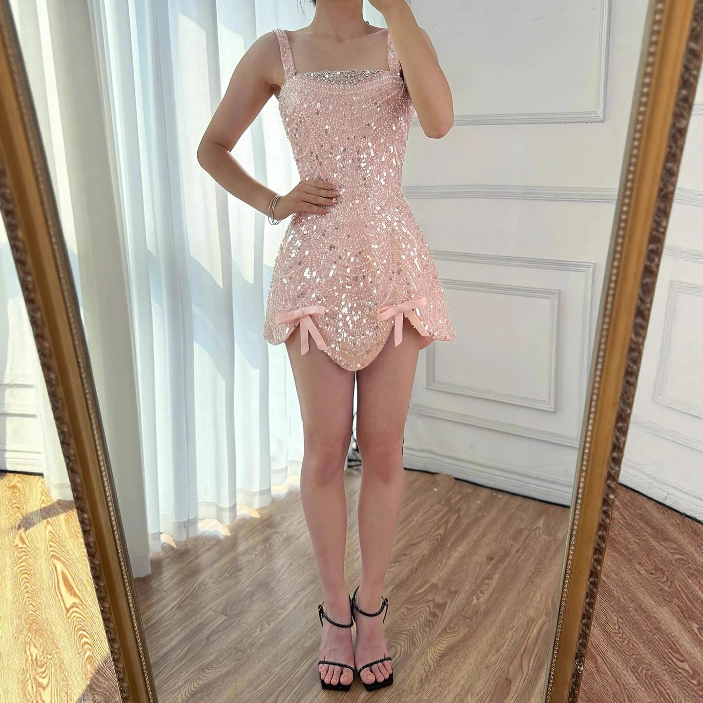 Luxury Nude Pearl Beaded A-Line Mini Evening Dress LA73211 - SERENE HILL