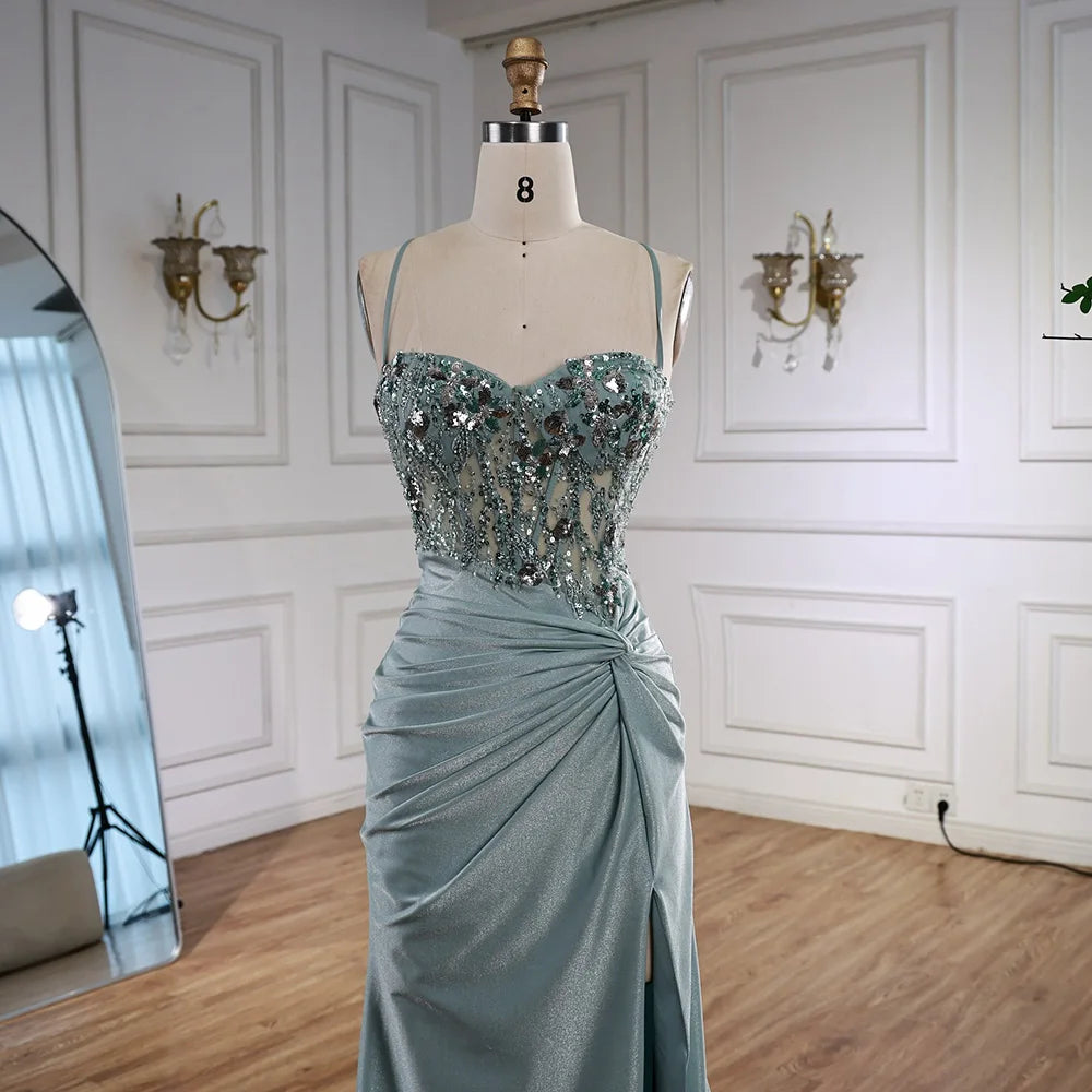 Classy Light Green Satin Prom Dress with Lace and Slit LA73032A - SERENE HILL