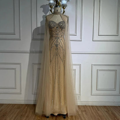 Luxury Turquoise Beaded Cape Sleeve Saudi Arabic Evening Dress LA73136A - SERENE HILL