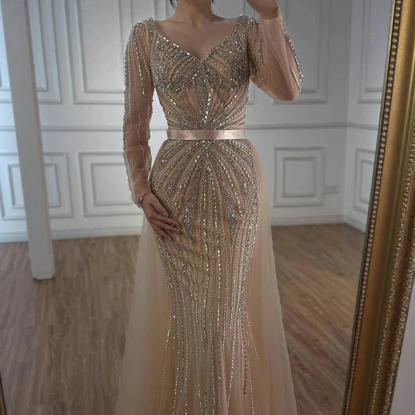 Luxury Nude Beaded Evening Dress with Detachable Overskirt LA73156