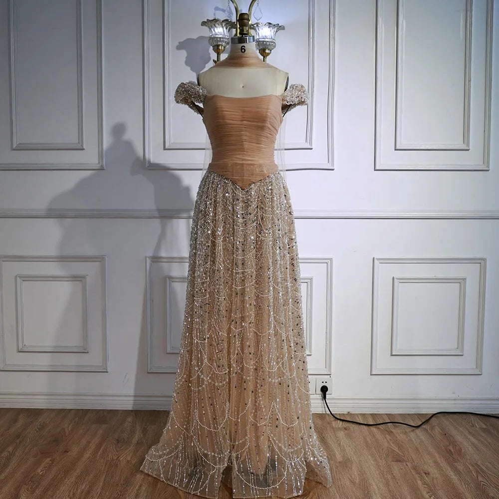 Luxury Arabic Pink Pearls Beaded Evening Dress With Cape LA72922 - SERENE HILL