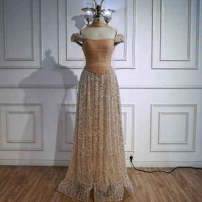 Luxury Arabic Pink Pearls Beaded Evening Dress With Cape LA72922 - SERENE HILL