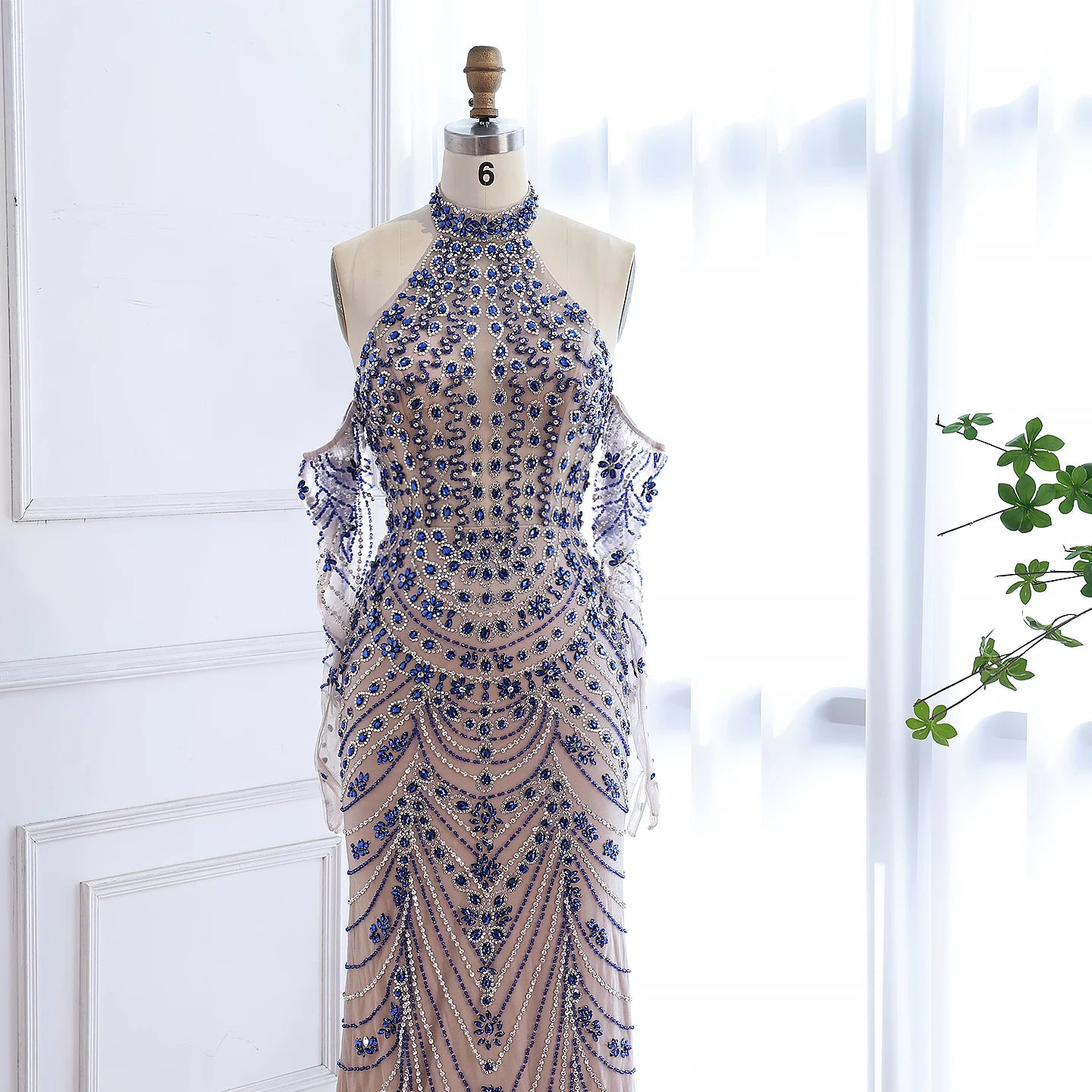 Luxury Kosovo Blue Evening Dress With Gloves LA72760C - SERENE HILL