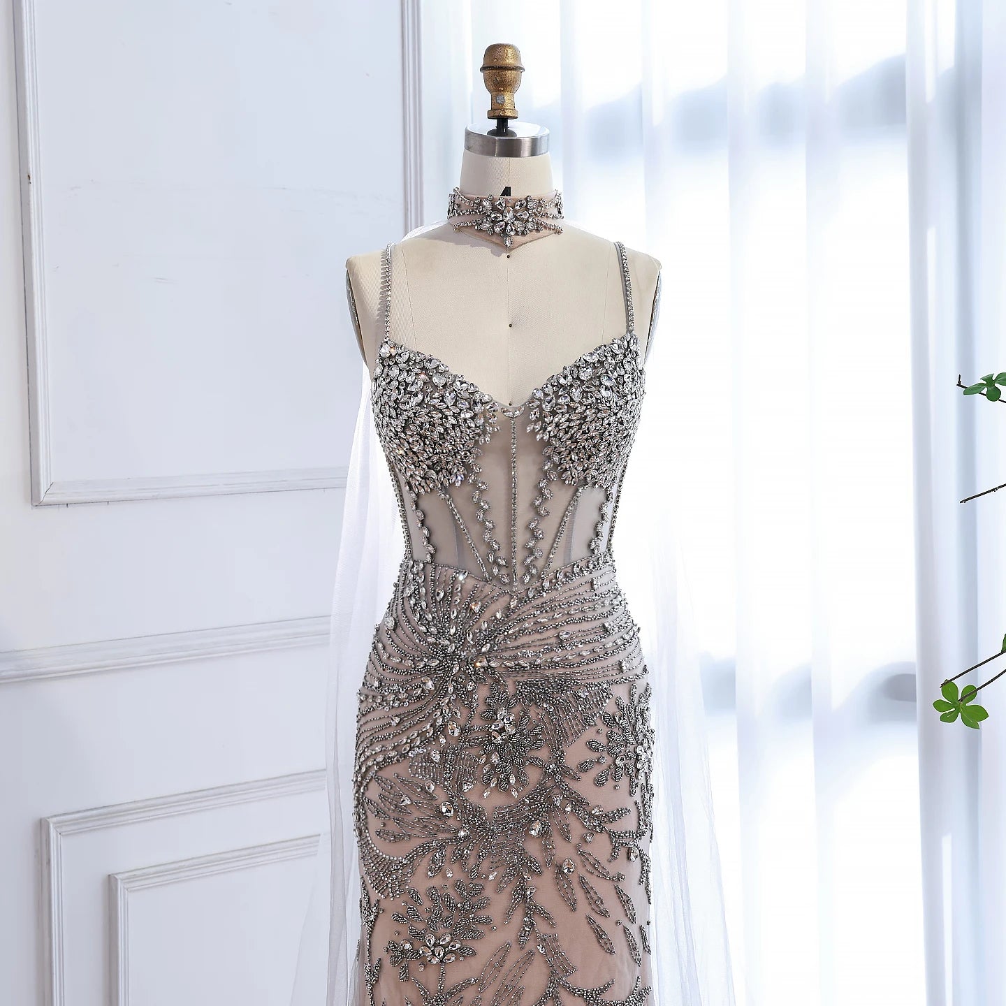 Luxury Evening Dress Grey Beaded With Cape Prom Gown LA73342 - SERENE HILL