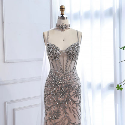 Luxury Evening Dress Grey Beaded With Cape Prom Gown LA73342 - SERENE HILL