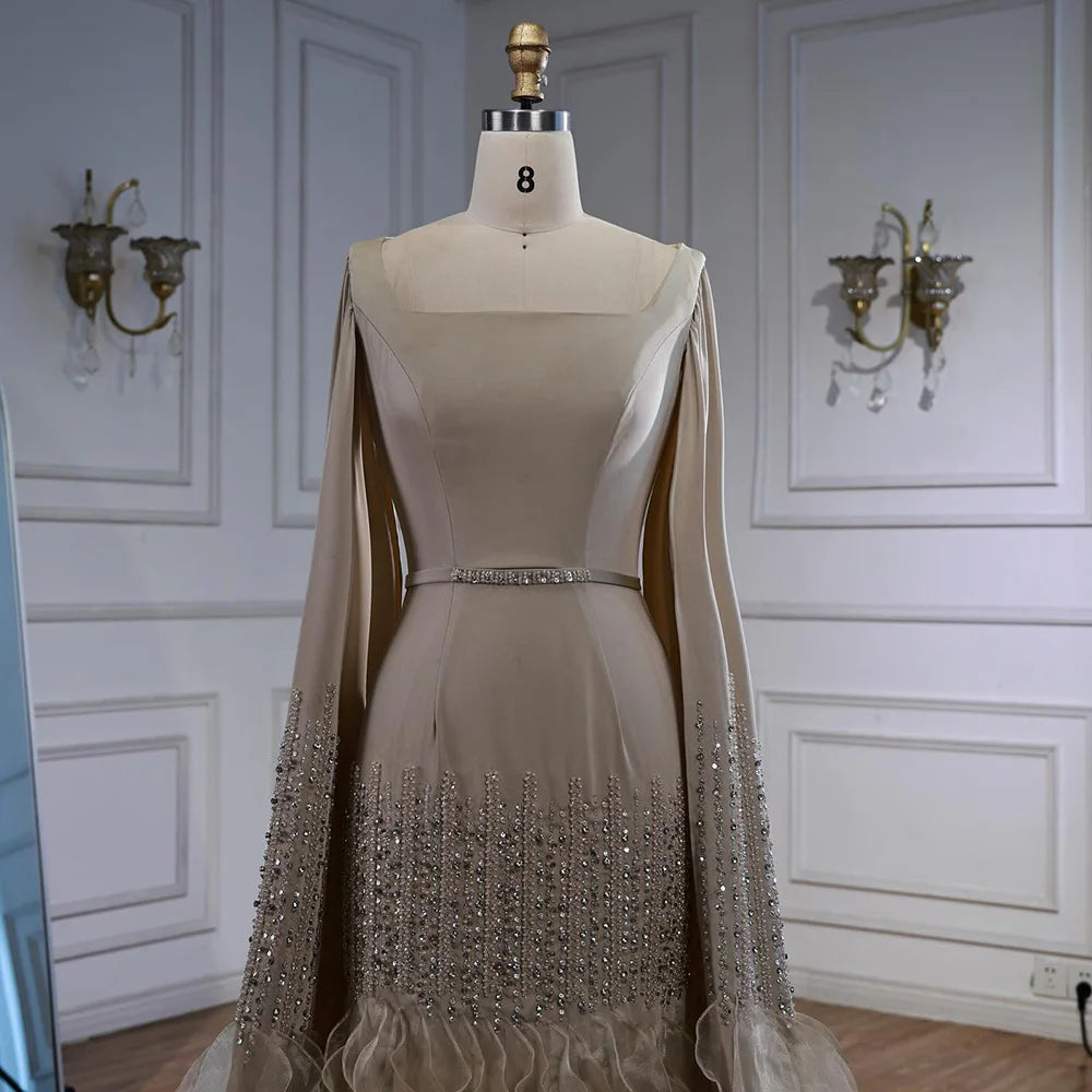 Elegant Nude Beaded Evening Dress with Cape Sleeves LA72317C - SERENE HILL