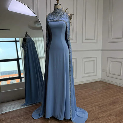 Elegant High Neck Evening Dress with Crystals and Long Cape LA73068 - SERENE HILL