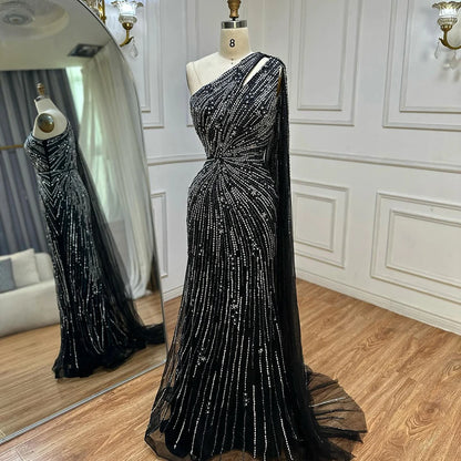 Luxury Black One Shoulder Mermaid Evening Dress with High Slit LA72829 - SERENE HILL