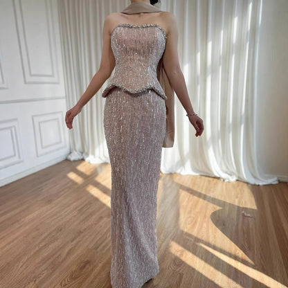 Luxury Nude 2 Pieces Pearl Sequin Evening Dress with Scarf LA73076A - SERENE HILL