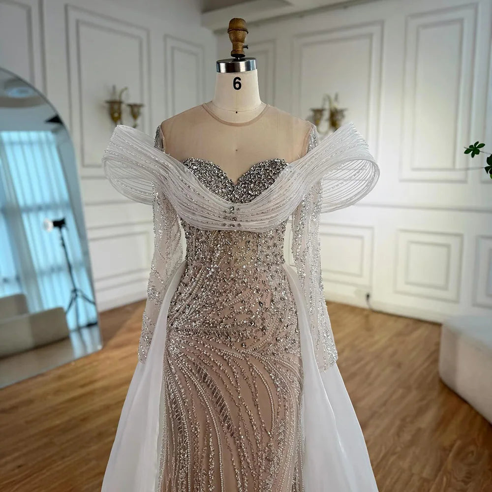 Elegant White Nude Sequin Beaded Mermaid Evening Gown LA72266C - SERENE HILL