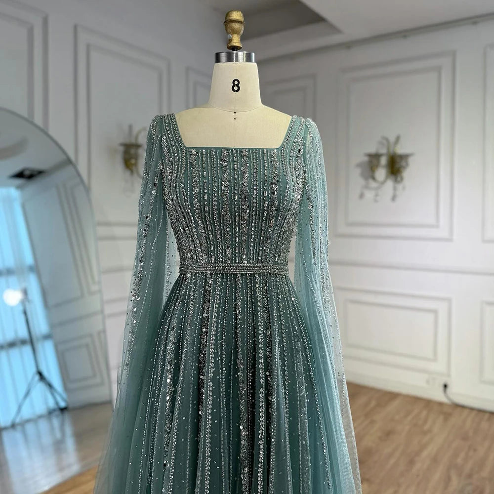 Luxury Dubai Square Neck Beaded Evening Gown with Cape LA73188 - SERENE HILL