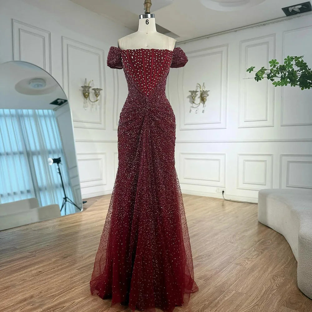Luxury Designer Beaded Silver Nude Mermaid Evening Dress LA72905 - SERENE HILL